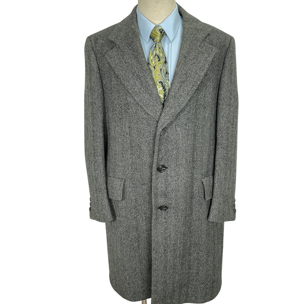 Hart Schaffner Marx 46 Overcoat Men Gray Black‎ 70s Herringbone Wool Dress Coat